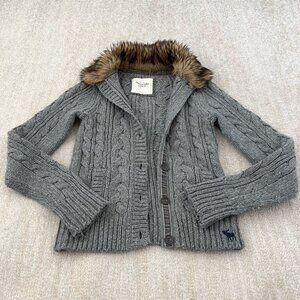 Abercrombie & Fitch Fur Trimmed Grey Wool Cardigan Sweater S Chunky Cable Knit